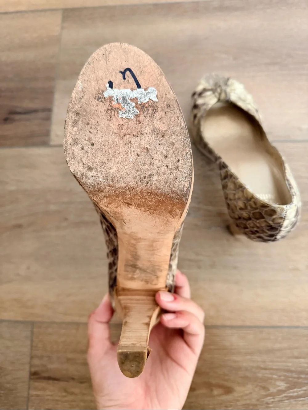 Stuart Weitzman Peep-Toe High Heels in Taupe Snakeskin